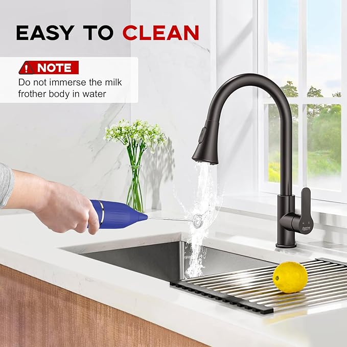 Handheld Milk Frother 14,000 RPM Drink Mixer Wand with Stand & Stirring Spoon Quiet One-Button Operation, Non-Slip Handle, Detachable Whisk Head for Coffee, Lattes, Cappuccinos, Matcha (Blue)