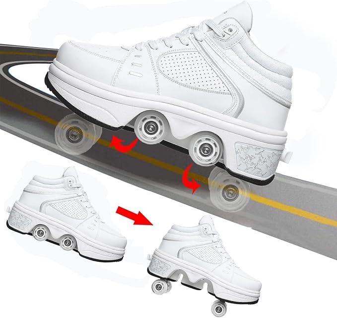 Roller Skate Shoes for Women Four Rounds Children's Roller Skates Shoes That Turn into Rollerskates Sneakers Outdoor Light Shoes with Wheels for Girls/Boys