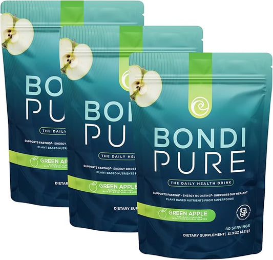 Bondi Pure - Daily Health & Detox Drink - Promote Gut Health & Energy Support During a Cleanse or Intermittent Fasting - Plant-Based Fibers, Alkalizing Super Greens - Green Apple (3-Pack)