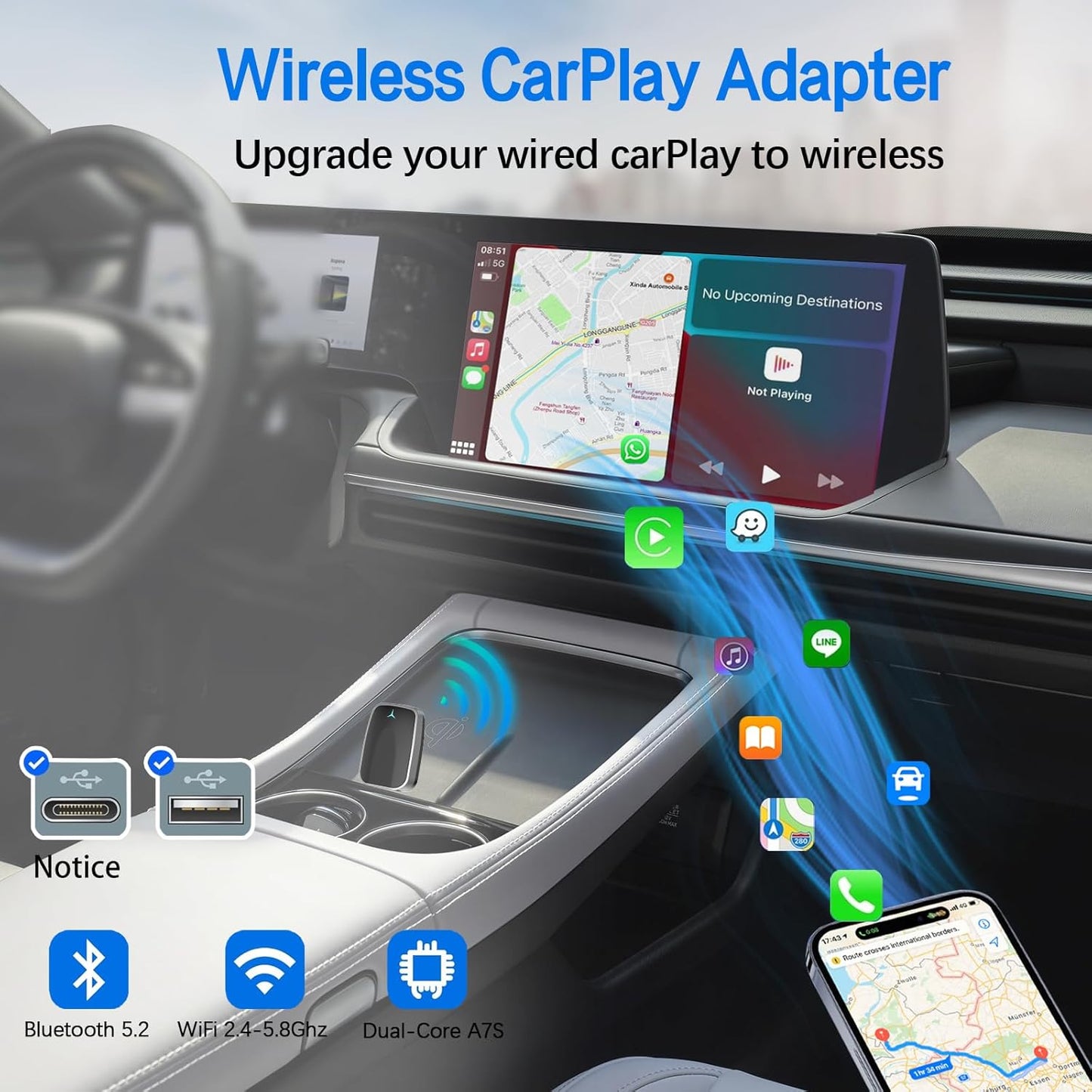 Mini Wireless Carplay Adapter, Convert Wired to Wireless Car Play & Android Auto 2-in-1 Adapter for Apple iPhone & Android Phone, Plug & Play, Auto Connect, No Delay, w/USB C for iOS 10+ Android11+