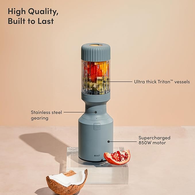 Beast Mighty 850 | Premium Compact Personal Blender | Smoothies, Shakes, Dressings, Sauces, Desserts, Dips | Blends Ice and Frozen Fruit | Includes Extra Lids and Straws | 850W (Mist)