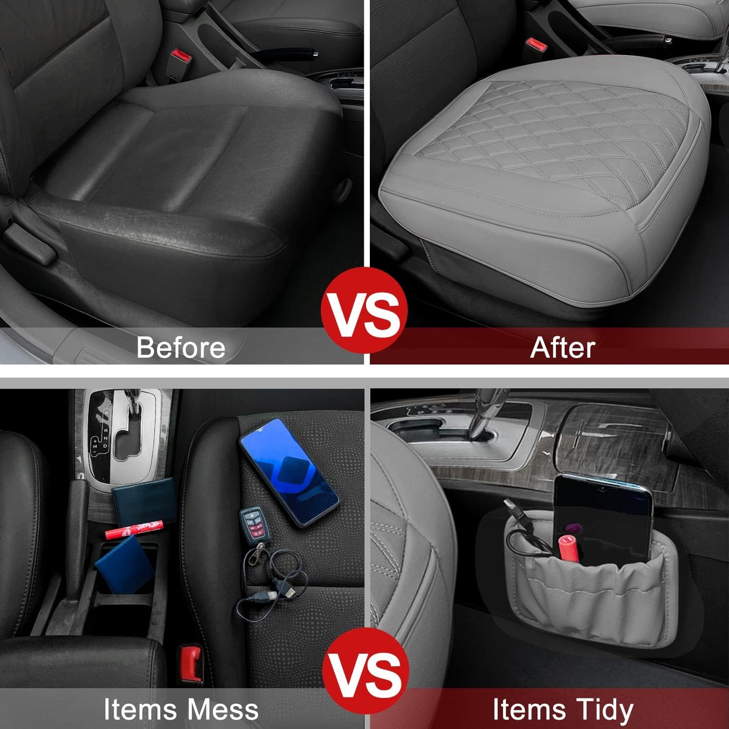 2 Pack PU Leather Front Car Seat Cover Bottom Car Seat, Anti-Slip and Full Wrap Driver Car Seat Protectors with Storage Pocket, Luxury Waterproof Bottom Auto Seat Cushion Pad for Most Vehicles(Gray)