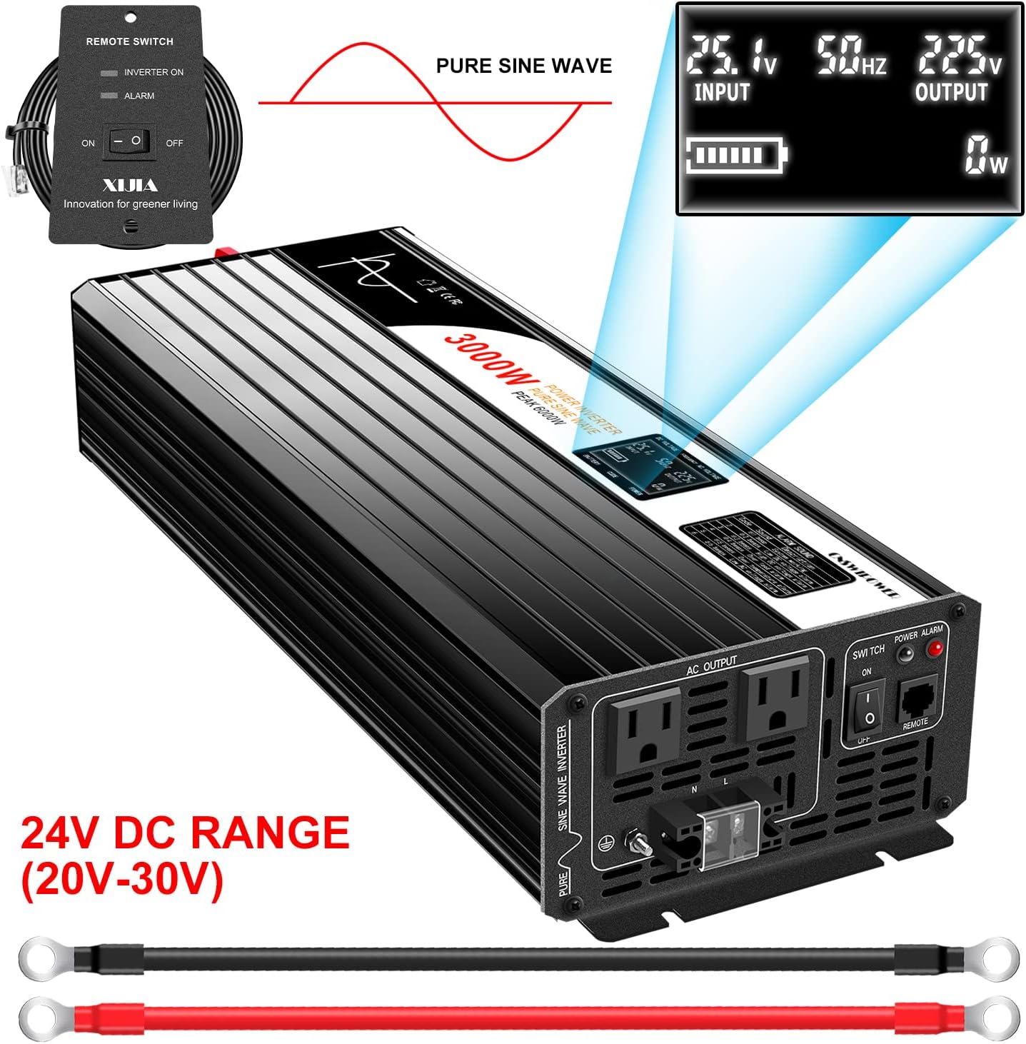 Xijia 3000W (Peak Power 6000W) Pure Sine Wave Power Inverter DC24V to 110V 120V ac Converter 60HZ with Soft Start for car &Camping (DC24V (Range 20V-30V) 3000W)