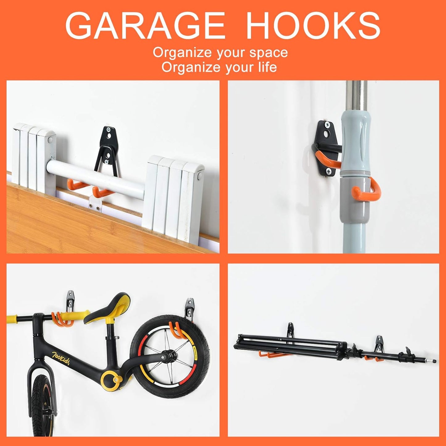 AOBEN Garage Hooks Heavy Duty, Steel Garage Storage Hooks, Utility Tool Hangers and Combinable Wall Mount for Organizing Ladders, Bikes, Hoses, and More Equipment (Small J, 4 Pack)