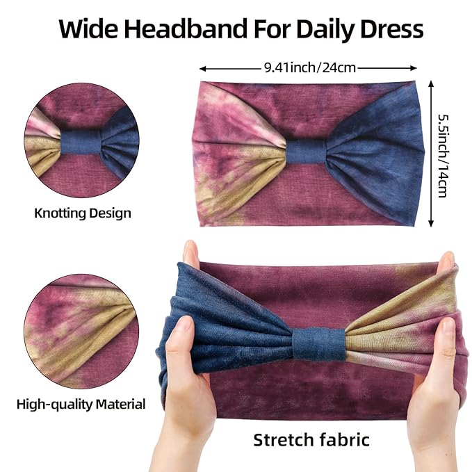 Wide Headbands for Women Tie Dye Head Wraps Boho Thick Hairbands Large African Sport Yoga Turban Headband Hair Accessories (Pack of 4)