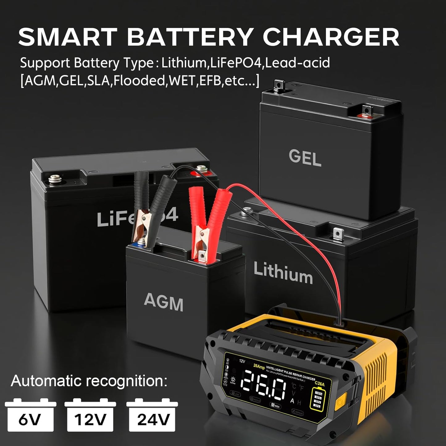 Battery Charger 0-26A 6V/12V/24V Lithium LiFePO4 Lead Acid, Fully Automatic Car Battery Maintainer, Smart Trickle Charger, Automotive w/Pulse Repair for AGM, STD, Gel, Deep Cycle Batteries ﻿