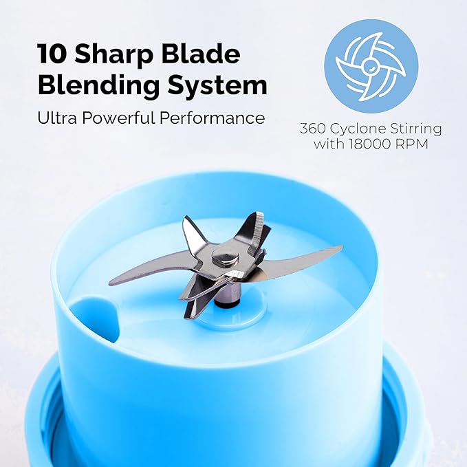 Personal Portable Blender For Shakes & Smoothies, Leakproof & Stylish Portable Mason Jar Shaker, Rechargeable Mini Blender with 10-Blade Blending System 14oz, Sky Blue