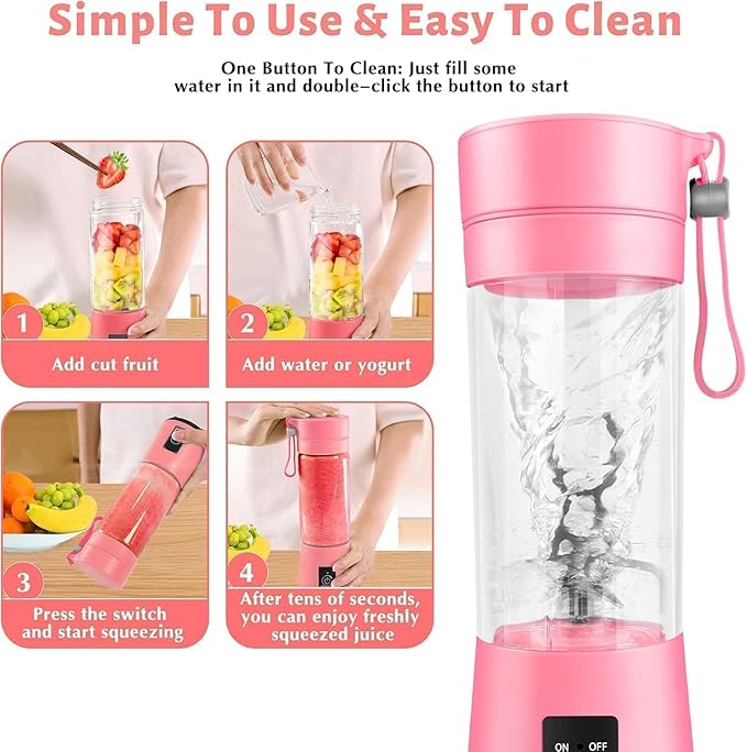 Portable Blender, Personal Blender USB Rechargeable, Mini Juicer for Shakes and Smoothies, Strong Cutting Power with 6 Blades, 380Ml Traveling Fruit Veggie Juicer Cup for Home, Sport, Office, Camping
