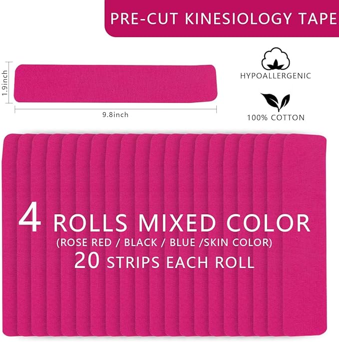 OBTANIM Waterproof Kinesiology Tape 4 Rolls Precut Strips Elastic Athletic Tape Muscle Pain Relief Sports Tape for Knee Fitness Running Tennis Swimming (Mixed Color)