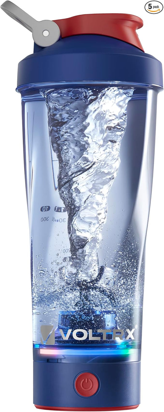 VOLTRX Electric Shaker Bottle - VortexBoost Portable USB C Rechargeable Protein Shake Mixer, Shaker Cups for Protein Shakes, BPA Free, Waterproof, Colored Light Base, 24 oz (Power Blue)