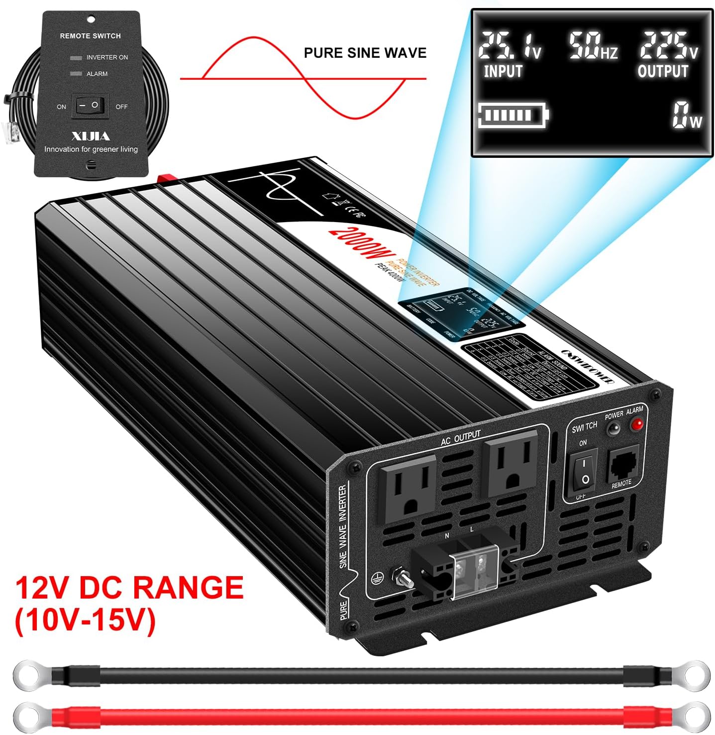 Xijia 2000W Pure sine Wave Power Inverter (Peak Power 4000W) dc 12v to 110v/120V ac 60HZ LCD-Display Bluetooth Remote Control,2 AC Outlets for RV, Camping, Boat,Outdoor