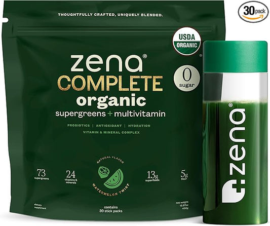 Zena Complete Organic Super Greens Powder & Multivitamin, 90+ Supergreens, Fruits, Veggies, Pre & Probiotics, Watermelon Citrus Flavor, 30 Packets + Water Bottle