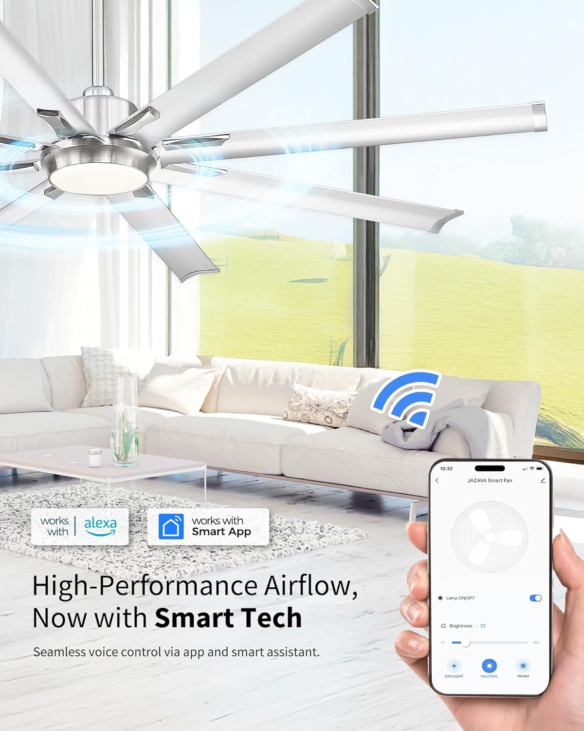 72 Inch Bruehed Nickel Ceiling Fan With Light,Smart Fan Work With Alexa,Industrial Ceiling Fan With 8 Aluminium Metal Blades,Ideal for Courtyard,Patio and Living Room,CF04BN-72