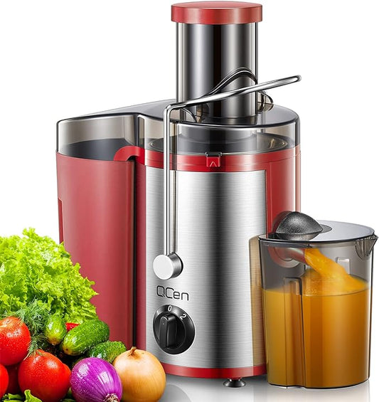 Qcen Juicer Machine, 500W Centrifugal Juicer Extractor with Wide Mouth 3” Feed Chute for Fruit Vegetable, Easy to Clean, Stainless Steel, BPA-free (Black) (Red)