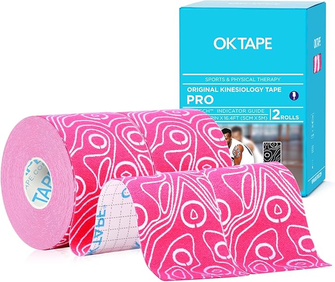 OK TAPE PRO Kinesiology Tape Uncut Roll, Elastic Physical Therapy Athletic Tape for Pain Relief, Muscle Support, Kinetic Tape, Water Resistant, 2in X 16.4ft -Pink 2 Rolls