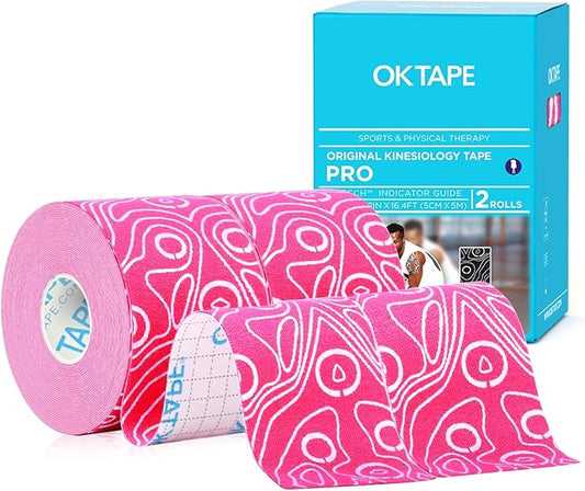 OK TAPE PRO Kinesiology Tape Uncut Roll, Elastic Physical Therapy Athletic Tape for Pain Relief, Muscle Support, Kinetic Tape, Water Resistant, 2in X 16.4ft -Pink 2 Rolls