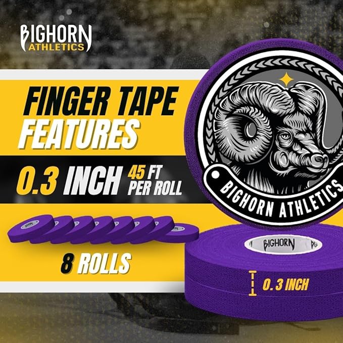 Bighorn Athletics Jiu Jitsu Finger Tape | Residue-Free Athletic Finger Tape for Sports & Injuries: Rock Climbing, Volleyball, Football, Basketball, Hands & Toes | 0.3-Inch x 45-feet, 8-Rolls, Purple