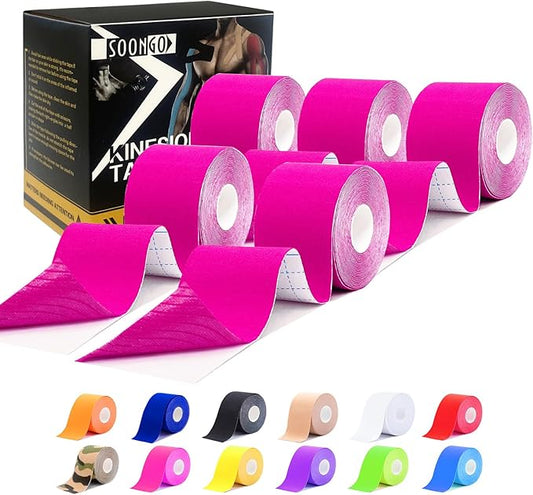 Kinesiology Tape Pro 5 Rolls, 2 Inch High Elasticity Sports Tape Therapeutic Pain Relief–Physio Tape for Muscle Recovery & Joint Support, Waterproof & Hypoallergenic & Breathable–Pink