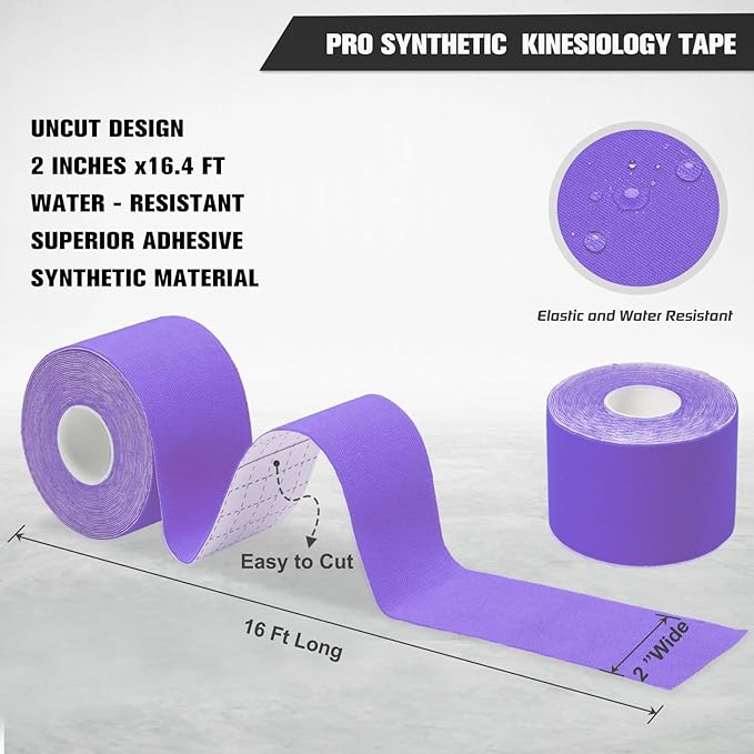 Pro Synthetic Kinesiology Tape 2 Rolls, Athletic Sports Tape for Muscle Joint Support, Pain Relief for Knee Elbow Wrist Ankle, 2 in x 16.4 Ft, Purple