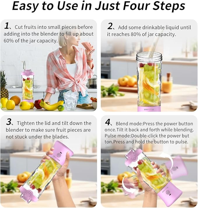 Portable Blender, Personal Blender for Shakes and Smoothies with 20 Oz Travel Cup and Lid, Mini Personal Size Blender with 6 Blades and USB Rechargeable for Gym, Kitchen and Outdoors (Purple)