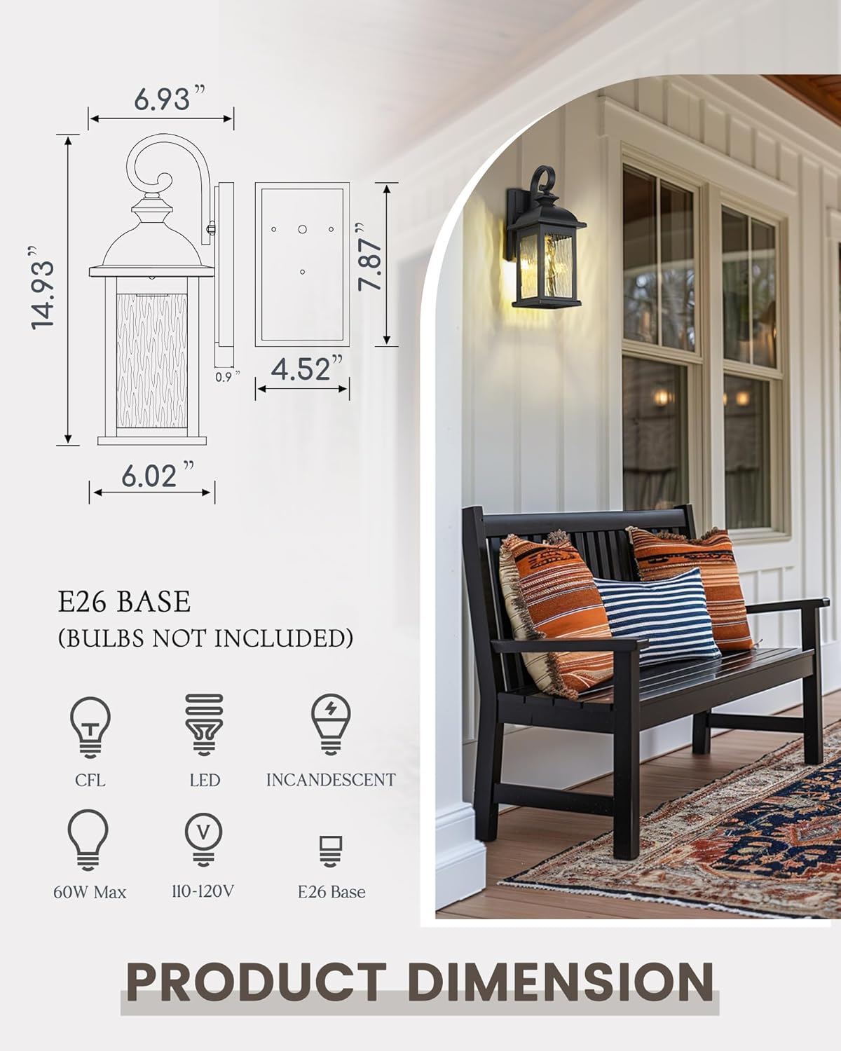 FEMILA 2 Packs Outdoor Waterproof Wall Lights Fixture, 15" Wall Lantern for Porch, Anti-Rust Matte Black Finish with Water Ripple Glass,4FD54B-2PK BK-WP