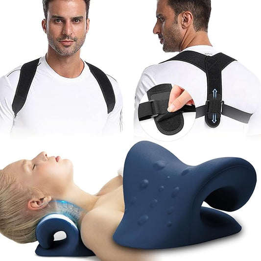 Neck Stretcher & Posture Corrector for Women and Men, FSA HSA Eligible, Cervical Traction for Spine Alignment, Adjustable Upper Back Brace & Elastic Support for Shoulder Back Pain Relief (Dark Blue)