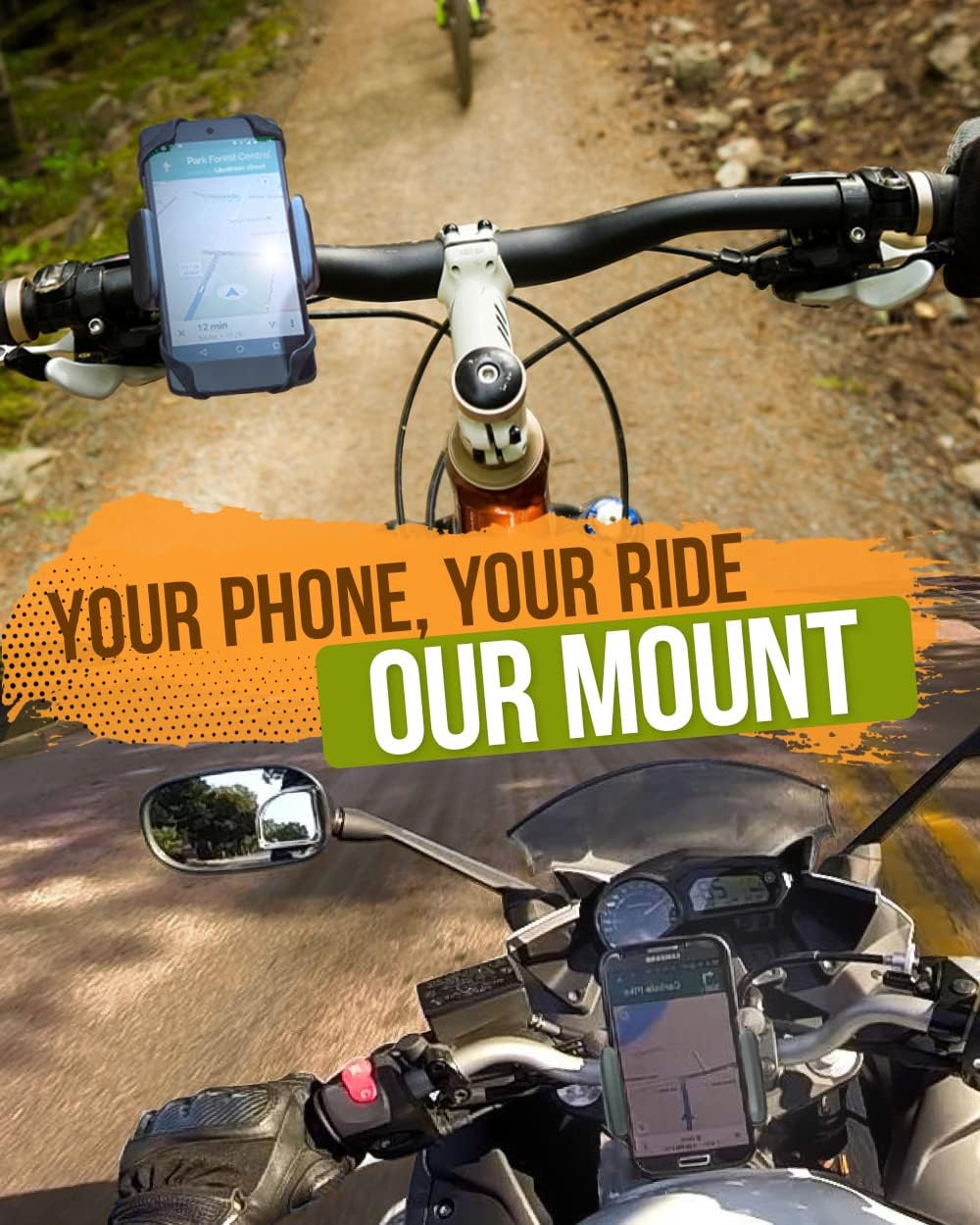 Bike & Motorcycle Phone Mount - for iPhone 16 Pro Max (15, 14, SE, Plus), Galaxy s25 or Any Cell Phone - Universal Handlebar Holder for ATV, Bicycle & Motorbike. +100 to Safeness & Comfort