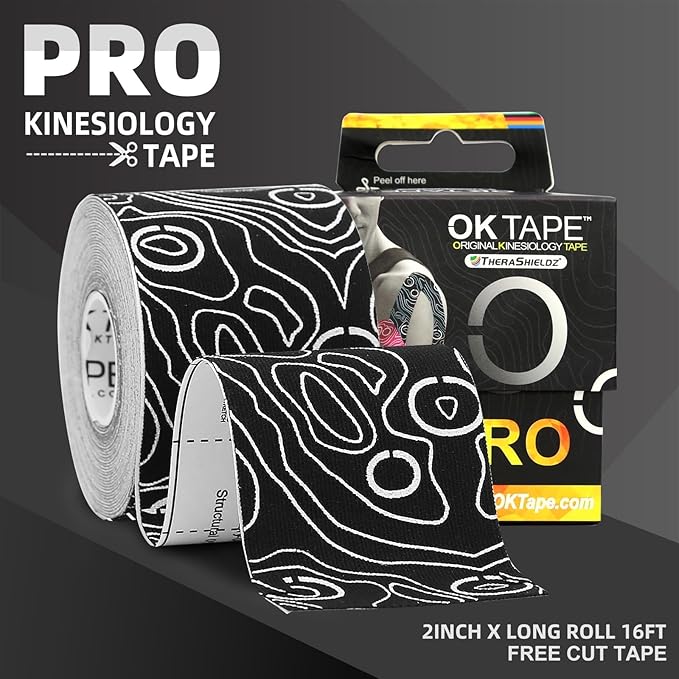 OK TAPE PRO Kinesiology Tape Uncut Roll, Elastic Physical Therapy Athletic Tape for Pain Relief, Muscle Support, Kinetic Tape, Water Resistant, 2in X 16.4ft -Black 2 Rolls