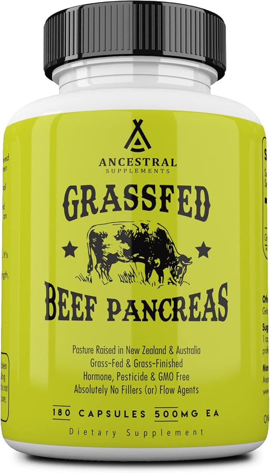 Ancestral Supplements Grass Fed Beef Pancreas Supplement, 500mg, Pancreatic Support with Proteolytic Digestive Enzymes for Digestion Support, Including Trypsin, Non GMO, 180 Capsules