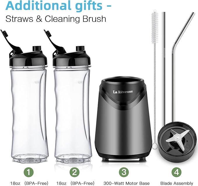 La Reveuse Smoothie Blender Personal Size 300 Watts with 2 Pieces 18 oz BPA-Free Travel Sports Bottles,Grey