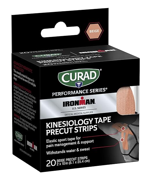 CURAD Performance Series IRONMAN Kinesiology Tape, Pain Management Technology, Sweat & Water-Resistant Athletic Tape, Compression Support for Joints & Muscles, Beige, 2 x 10 inches, 1 Roll (20 Strips)