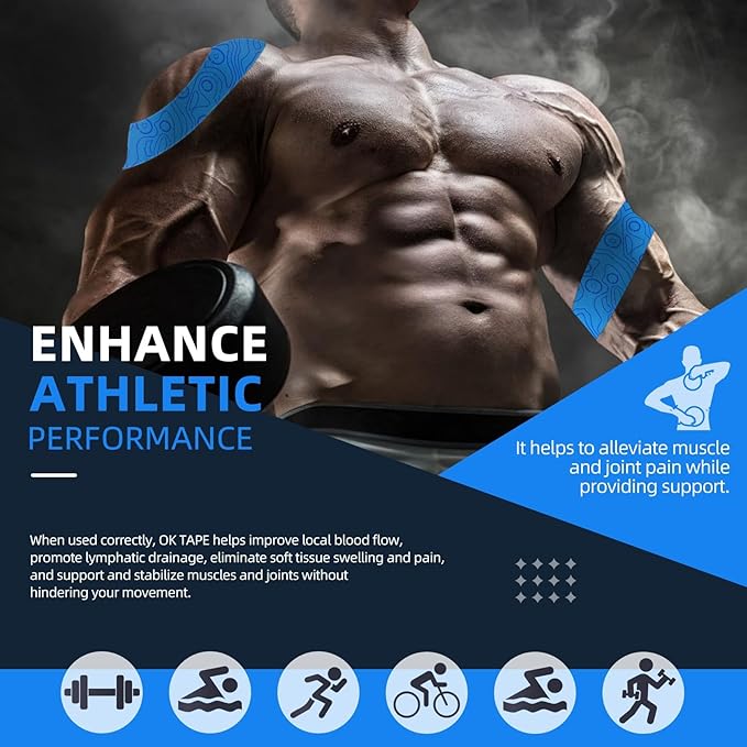 OK TAPE PRO Kinesiology Tape Uncut Roll, Elastic Physical Therapy Athletic Tape for Pain Relief, Muscle Support, Kinetic Tape, Water Resistant, 2in X 16.4ft -Blue 2 Rolls