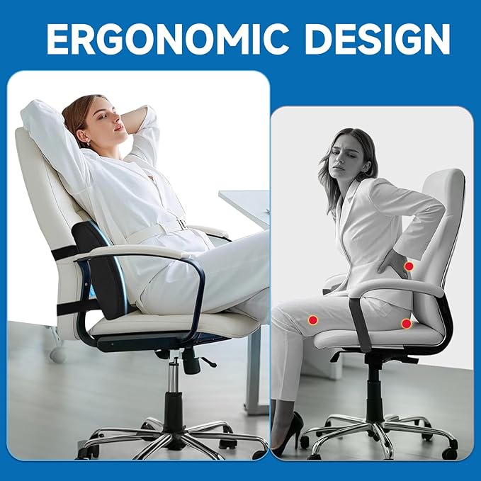 Lumbar Support Pillow for Office Chair, Memory Foam Office Chair Back Support,Lower Back Pillow for Car Seat, Back Pain Relief, Back Pillow for Chair with Adjustable Strap and Mesh Washable Cover