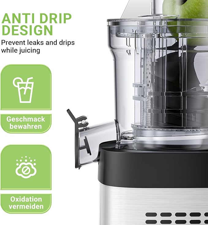 AMZCHEF Cold Press Juicer, Juicer Machines - 3.1" Large Feed Chute for Whole Fruits & Vegetables, Stainless Steel Slow Masticating Juicer Easy to Clean, Large Auger, Double Strainers, Silver