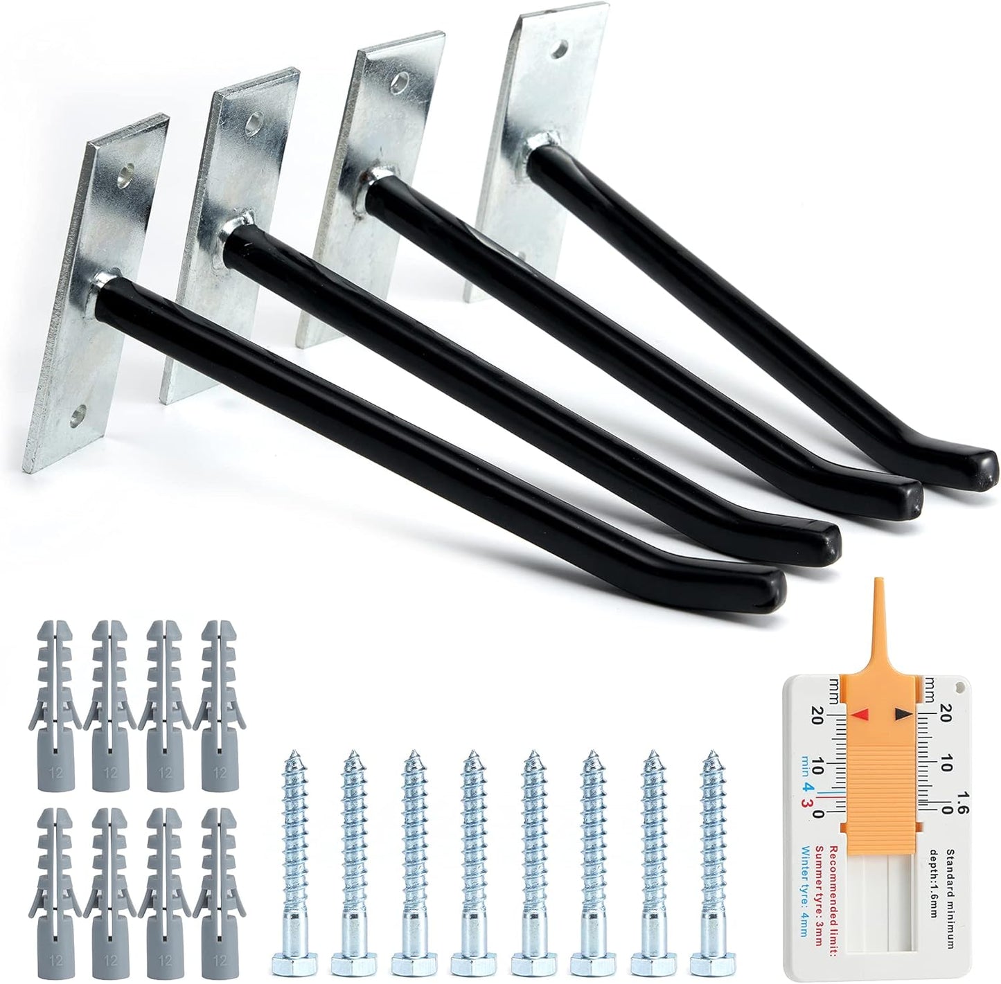 Sinoer 4PCS Garage Hooks Tire Storage System,Wall Mount Hooks with Metal Screws and Anchors - Tire/Rim Holder for Car ，Black