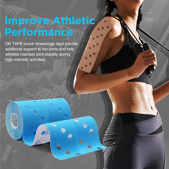 OK TAPE Punch Kinesiology Tape, Punch Hole Athletic Tape for Joints Support & Muscle Pain Relief,2 Rolls Blue,2in x 16.4ft
