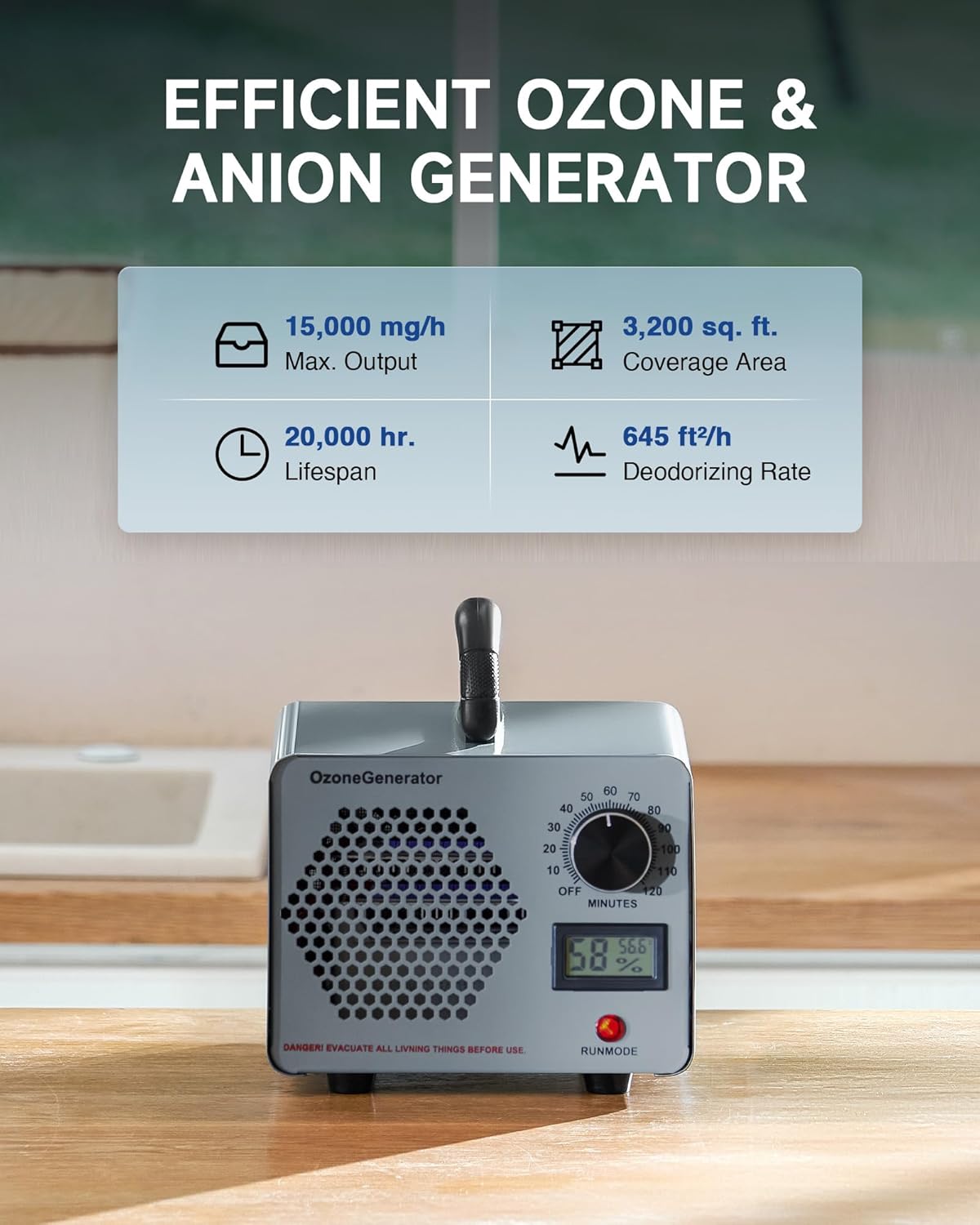 CREWORKS Ozone Odor Machine, Commercial Ozone Generator Air Purifier with Timer Display, 30000 mg/h Ozone Machine for Car Home Smoke Pet Odor Removal, High Capacity for 3200 sq ft Room, Silver