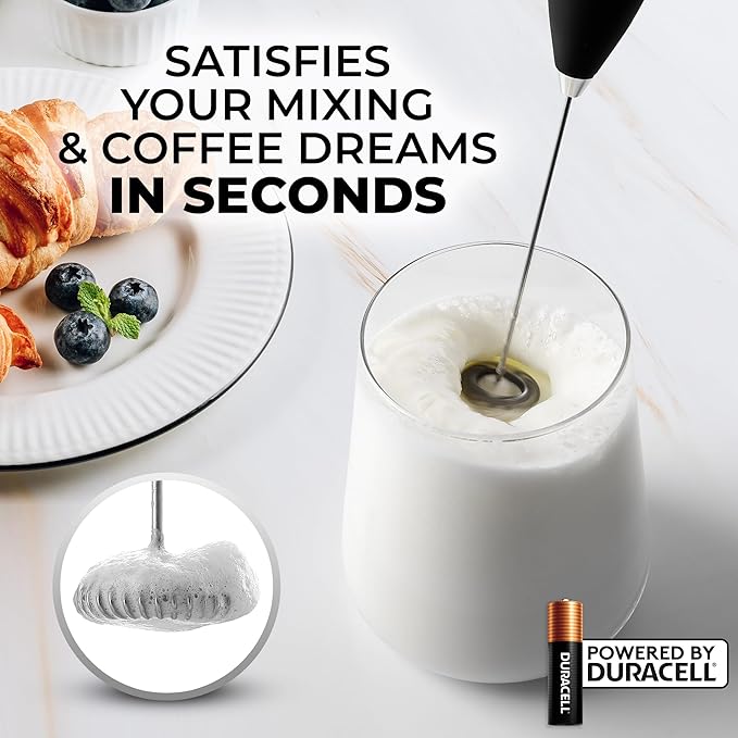 Zulay Kitchen Powerful Milk Frother Wand With 2 Duracell Batteries - Ultra Fast Handheld Drink Mixer - Electric Whisk Foam Maker for Coffee, Lattes, Cappuccino, Matcha, Hot Chocolate & Creamer - Black