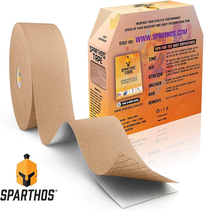 Sparthos Kinesiology Tape - Bulk Large Jumbo - Free Kinesio Taping Guide! - Support for Pro Athletic Sports and Recovery - Rocktape Waterproof Tex Rock Gold Tapes - Uncut 115 ft Roll (Beige)
