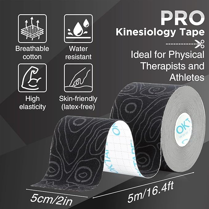 OK TAPE PRO Kinesiology Tape Uncut Roll, Elastic Physical Therapy Athletic Tape for Pain Relief, Muscle Support, Kinetic Tape, Water Resistant, 2in X 16.4ft -Black 4 Pack