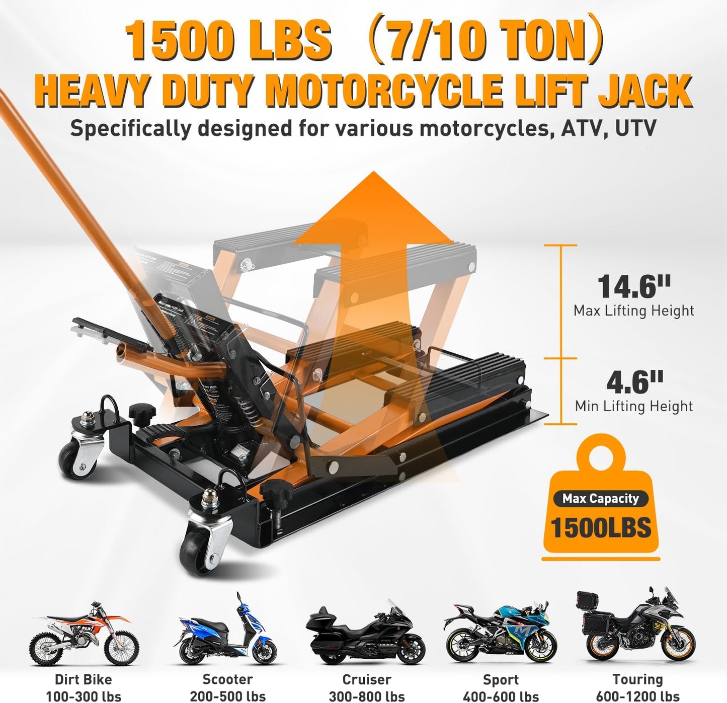 Nilight Motorcycle Lift Jack 1500 LBS Hydraulic Lifts ATV Scissor Jacks with Wheel Foot Pedal Handle Ratchet Belt Heavy Duty Lifter Stand Hoist Table for Dirt Bike Garage Storage Repair Tool,Orange