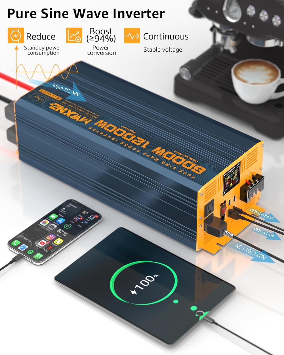 6000 Watt Power Inverter Pure Sine Wave 48V DC to 110V 120V Heavy Duty Inverter with Remote Control and LED Display, 4 USB/Type-C Ports & 2 AC Outlets Car Charger for Vehicles RV