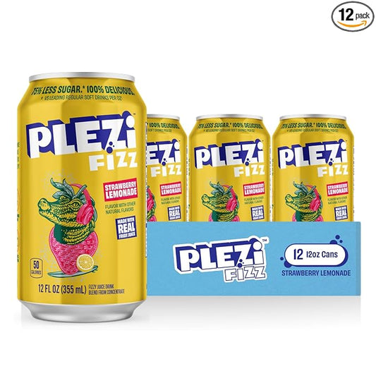 PLEZi FiZZ Strawberry Lemonade Sparkling Juice - Healthy Soda Alternative with Real Fruit Juice, No Added Sugar - Low Sugar Sparkling Drink - Good Source of Fiber, 12 Fl Oz (12 Pack)