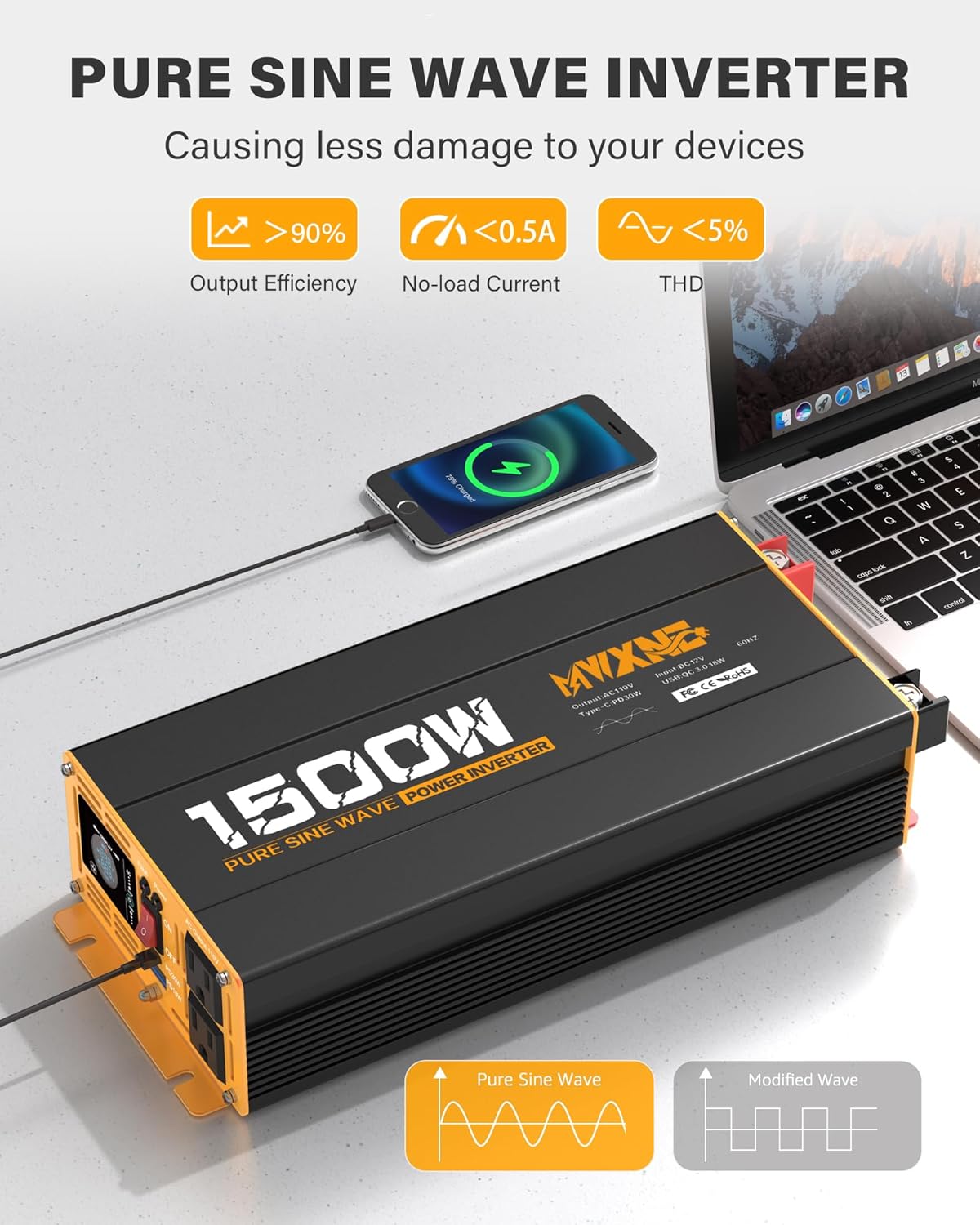 1500W Pure Sine Wave Power Inverter DC 12V to AC 110V 120V Converter with 2 AC Outlets, QC3.0 18W USB-A, PD30W USB-C Port Car Inverter with LCD Display and Remote Control for Truck RV Home