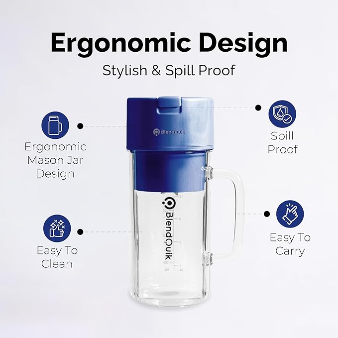 Personal Portable Blender For Shakes & Smoothies, Leakproof & Stylish Portable Mason Jar Shaker, Rechargeable Mini Blender with 10-Blade Blending System 14oz, Dark Blue