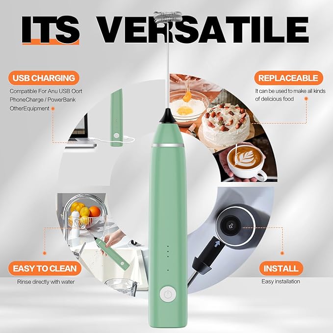Milk Frother Rechargeable Handheld Electric Whisk Coffee Frother Mixer with 2 Stainless whisks 3 Speed Adjustable Foam Maker Blender for Coffee Matcha Latte Cappuccino(Avocado Green)