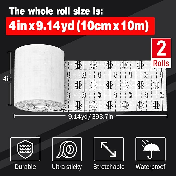 AZEN 2 Rolls Turf Tape Football, 4 Inch x 9.14 Yards Extra Wide Kinesiology Tape, Waterproof Athletic Tape, Protects from Turf Burn (White)