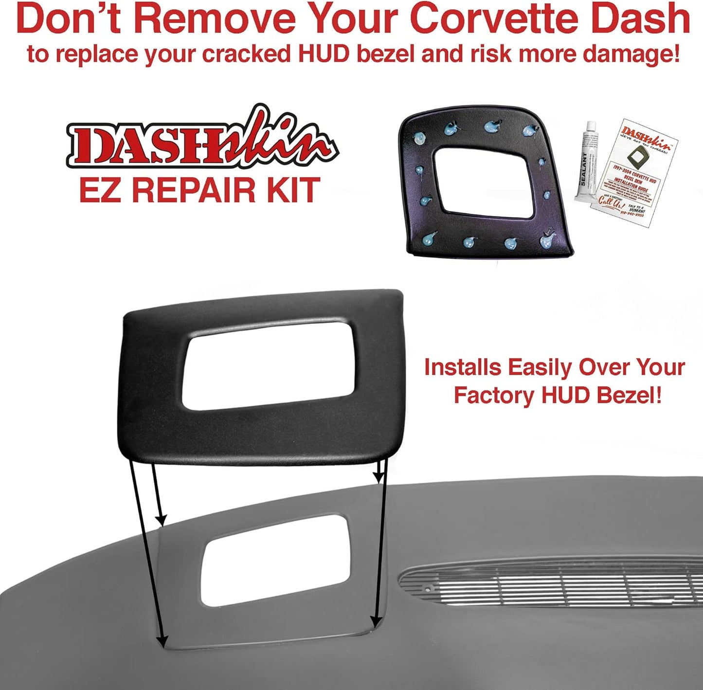 DashSkin Molded Heads Up Display HUD Bezel Retrofit Kit Compatible with 1997-2004 Chevrolet Corvette in Black- Easy Cracked HUD Bezel Fix - Made in The USA