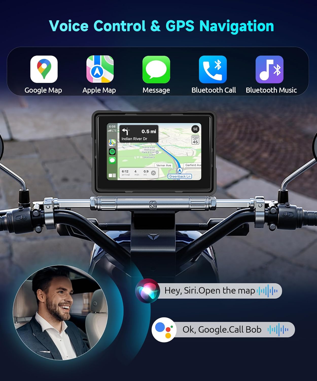 HD IPS Touch Screen Portable Wireless Apple Carplay Screen for Motorcycle &Wireless Android Auto GPS Navigation for Motorcycle,Car Play,Dual Bluetooth Waterproof,Siri Voice Control 5Inch for Motorbike