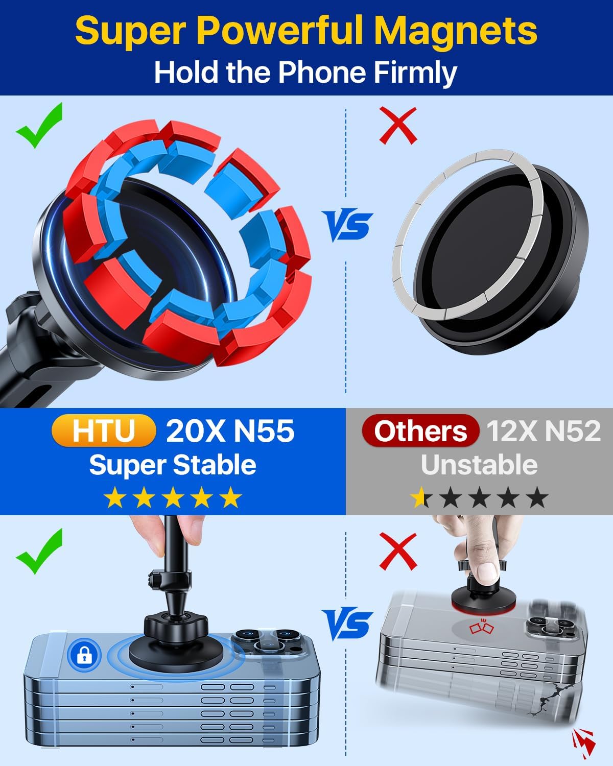 HTU for MagSafe Car Phone Mount Magnetic Phone Holder for Windshield Vent Dashboard Magnetic Suction Phone Mount for iPhone 16/15/14/13/12 & Android (Neutral Gray)